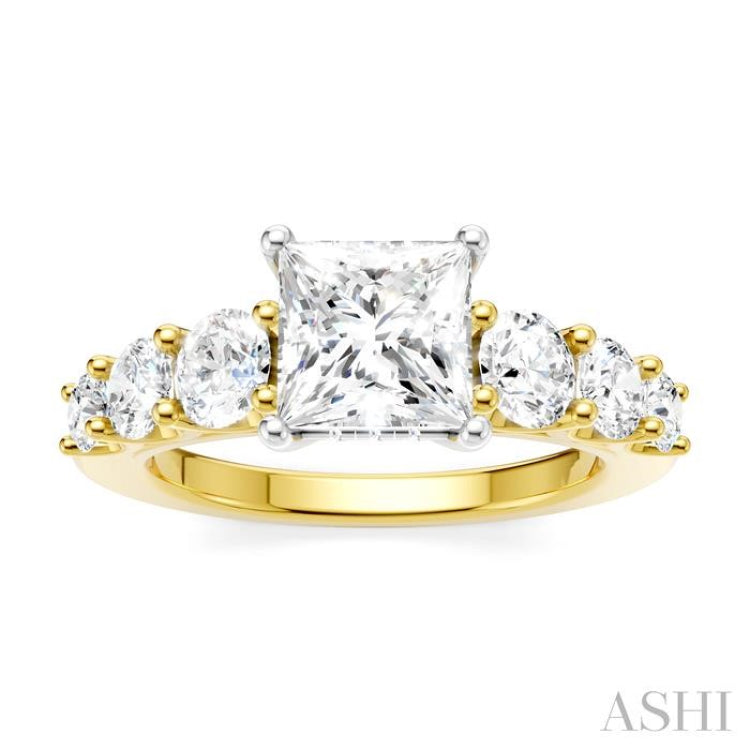 1 1/10 Ctw Princess Shape Round Cut Diamond Semi-Mount Engagement Ring in 14K Yellow and White Gold