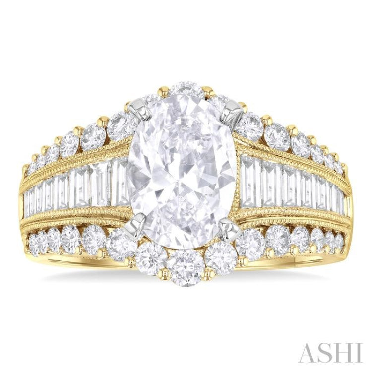 1 1/2 Ctw Baguette and Round Cut Diamond Oval Shape Semi-Mount Engagement Ring in 14K Yellow and White Gold