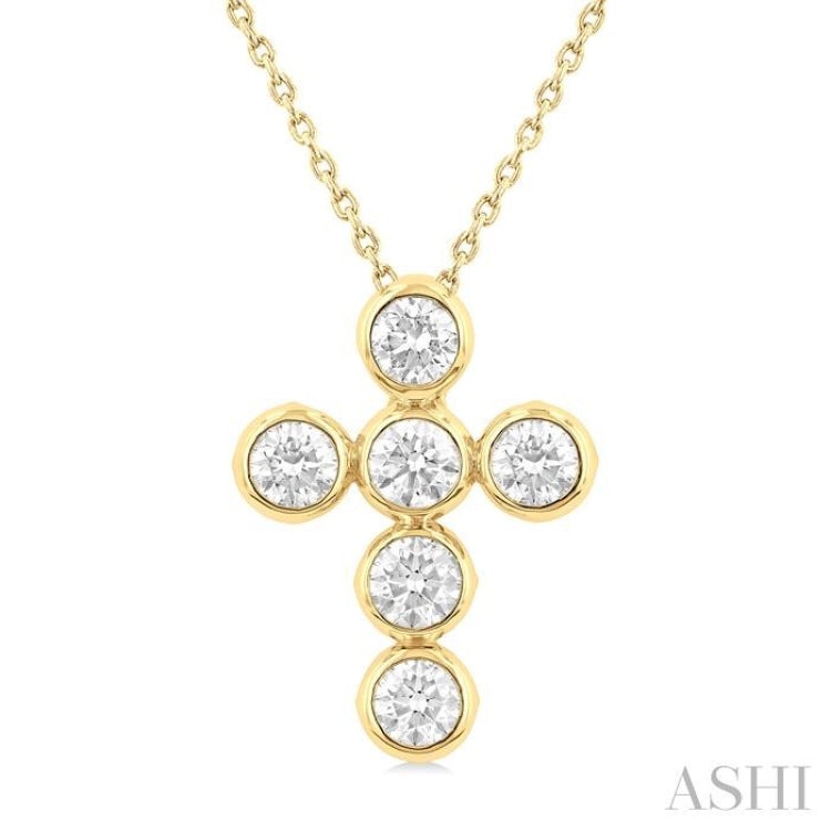 1 1/2 Ctw Round Cut Diamond 6-Stone Bezel Set Cross Pendant With Chain in 14K Yellow Gold