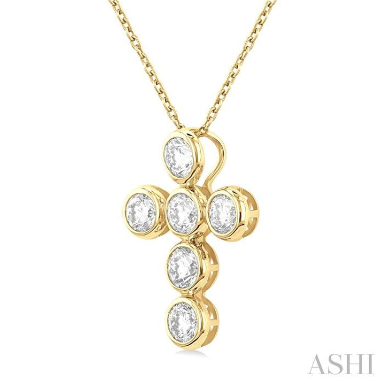 1 1/2 Ctw Round Cut Diamond 6-Stone Bezel Set Cross Pendant With Chain in 14K Yellow Gold