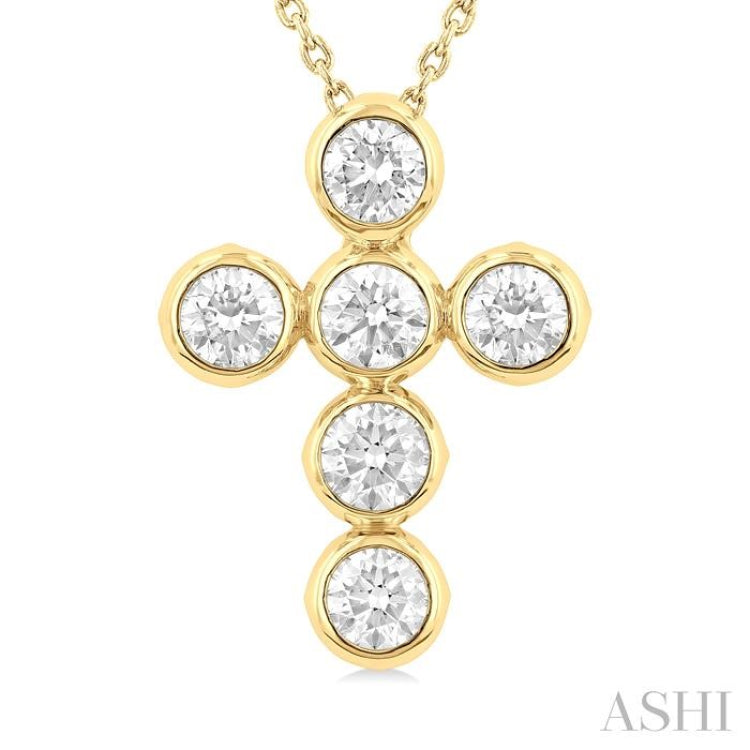 1 1/2 Ctw Round Cut Diamond 6-Stone Bezel Set Cross Pendant With Chain in 14K Yellow Gold