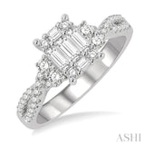 3/4 Ctw Split Criss Cross Shank Fusion Baguette and Round Cut Diamond Engagement Ring in 14K White Gold