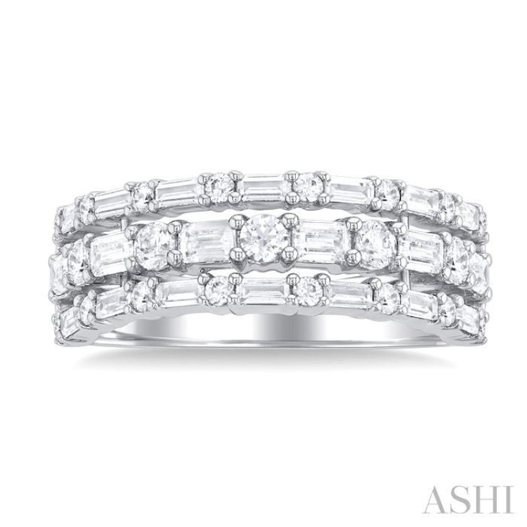 1 1/2 Ctw Triple Row Emerald, Baguette and Round Cut Diamond Fashion Band in 14K White Gold