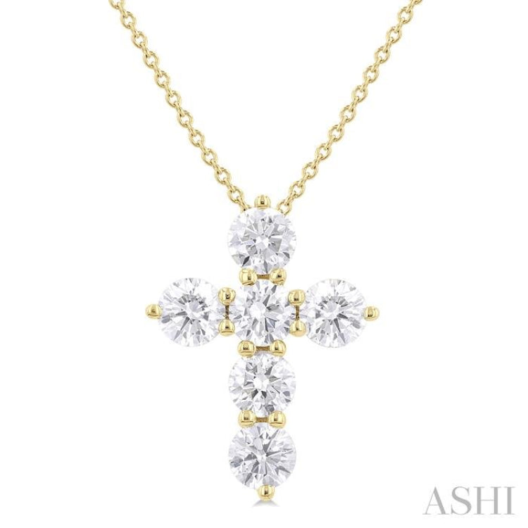 1 1/2 Ctw Round Cut Diamond Christian Cross 6-Stone Fashion Pendant With Chain in 14K Yellow Gold
