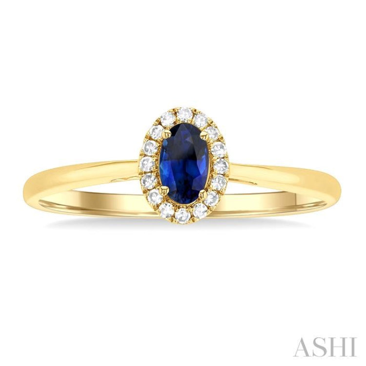 5x3 MM Oval Shape Sapphire and 1/20 Ctw Single Cut Diamond Halo Precious Ring in 10K Yellow Gold
