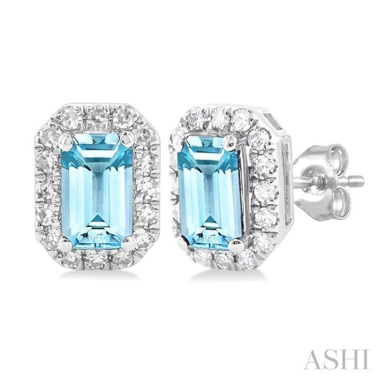 5x3 MM Octagonal Shape Aquamarine and 1/8 Ctw Single Cut Diamond Halo Semi-Precious Stud Earrings in 10K White Gold