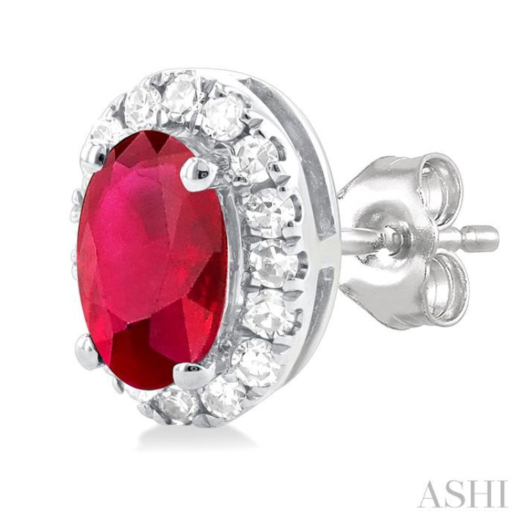 5x3 MM Oval Shape Ruby and 1/8 Ctw Single Cut Diamond Halo Precious Stud Earrings in 10K White Gold
