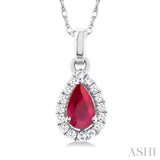 5x3 MM Pear Shape Ruby and 1/20 Ctw Single Cut Diamond Halo Precious Pendant with Chain in 10K White Gold