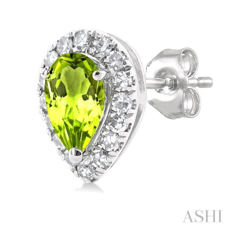 5x3 MM Pear Shape Peridot and 1/8 Ctw Single Cut Diamond Halo Semi-Precious Stud Earrings in 14K White Gold