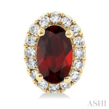 5x3 MM Oval Shape Garnet and 1/8 Ctw Single Cut Diamond Halo Semi-Precious Stud Earrings in 14K Yellow Gold
