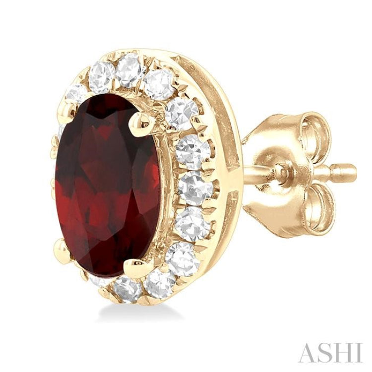 5x3 MM Oval Shape Garnet and 1/8 Ctw Single Cut Diamond Halo Semi-Precious Stud Earrings in 14K Yellow Gold