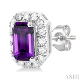 5x3 MM Octagonal Shape Amethyst and 1/8 Ctw Single Cut Diamond Halo Semi-Precious Stud Earrings in 10K White Gold