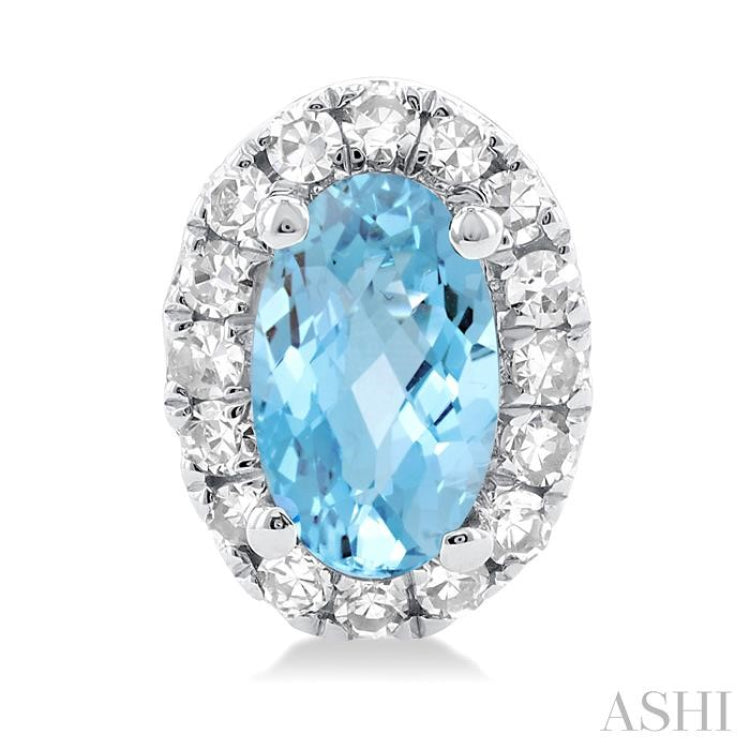 5x3 MM Oval Shape Aquamarine and 1/8 Ctw Single Cut Diamond Halo Semi-Precious Stud Earrings in 10K White Gold