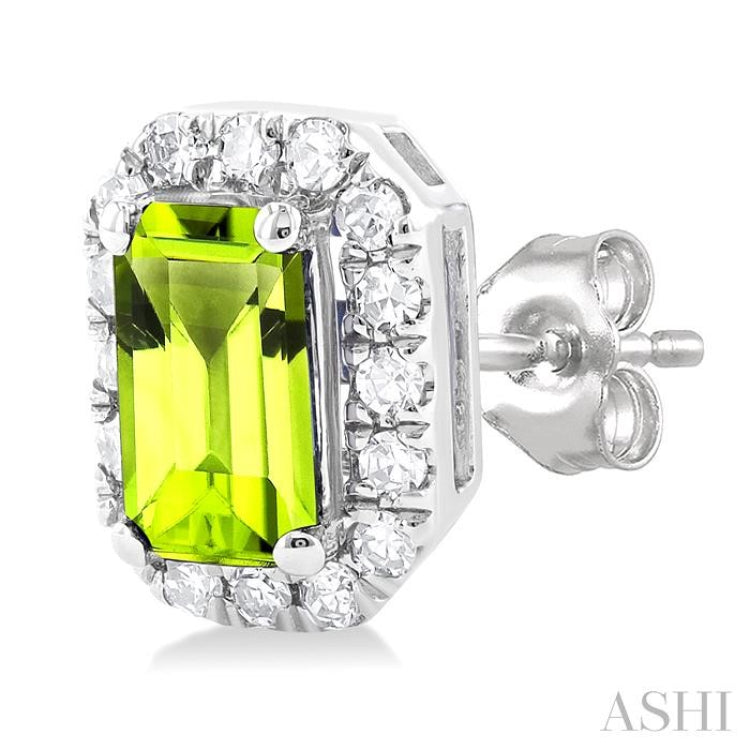 5x3 MM Octagonal Shape Peridot and 1/8 Ctw Single Cut Diamond Halo Semi-Precious Stud Earrings in 10K White Gold