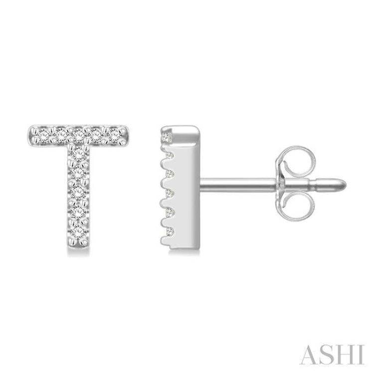 1/10 Ctw Initial 'T' Single Cut Diamond Earrings in 10K White Gold