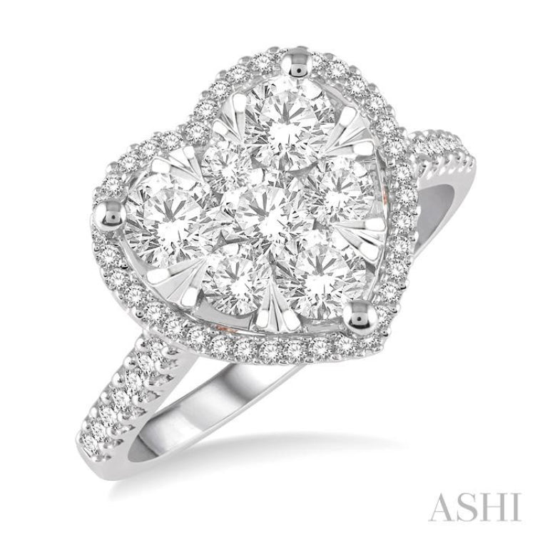 1 1/10 Ctw Round Diamond Lovebright Heart Halo Engagement Ring in 14K White and Rose Gold