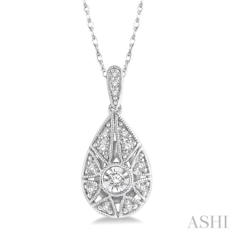 1/8 Ctw Lattice Pear Shape Round Cut Diamond Pendant With Chain in 10K White Gold