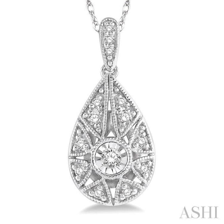 1/8 Ctw Lattice Pear Shape Round Cut Diamond Pendant With Chain in 10K White Gold