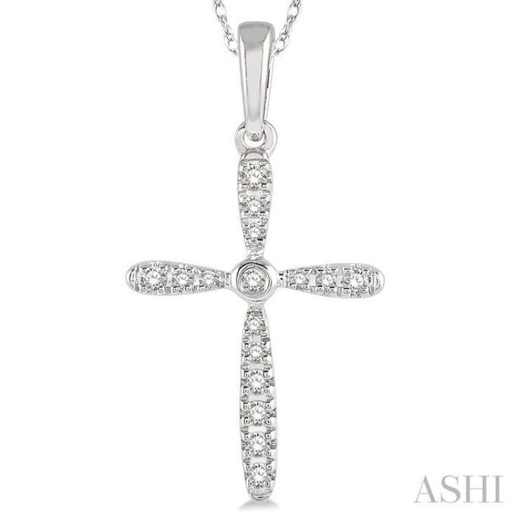 1/10 Ctw Cross Charm Round Cut Diamond Petite Pendant With Chain in 10K White Gold