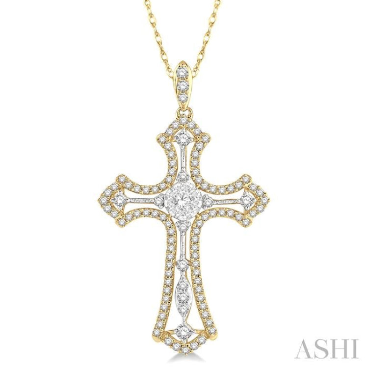 3/4 Ctw Lovebright Round Cut Diamond Cross Pendant With Chain in 14K Yellow and White Gold