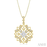 5/8 Ctw Floral Lattice Two Tone Cushion Shape Center Lovebright Round Cut Diamond Pendant With Chain in 14K Yellow and White Gold