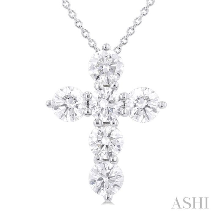 1 1/2 Ctw Round Cut Diamond Christian Cross 6-Stone Fashion Pendant With Chain in 14K White Gold