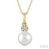 1/50 ctw Petite 6X6MM Cultured Pearl and Round Cut Diamond Fashion Pendant With Chain in 10K Yellow Gold
