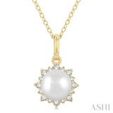 1/10 ctw Petite Sun 6X6MM Cultured Pearl and Round Cut Diamond Fashion Pendant With Chain in 10K Yellow Gold