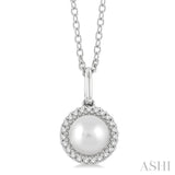1/20 ctw Petite Round Cut Diamond Halo and 6X6MM Cultured Pearl Fashion Pendant With Chain in 10K White Gold