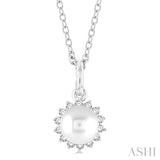 1/10 ctw Petite 6X6MM Cultured Pearl and Round Cut Diamond Fashion Pendant With Chain in 10K White Gold