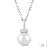 1/20 ctw Petite 6X6MM Cultured Pearl and Round Cut Diamond Crown Fashion Pendant With Chain in 10K White Gold