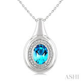 8X6 MM Oval Shape Blue Topaz and 1/20 Ctw Single Cut Diamond Semi-precious Pendant With Chain in Sterling Silver