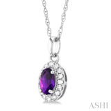 5x3 MM Oval Shape Amethyst and 1/20 Ctw Single Cut Diamond Halo Semi-Precious Pendant with Chain in 10K White Gold