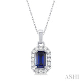 5x3 MM Octagonal Shape Sapphire and 1/20 Ctw Single Cut Diamond Halo Precious Pendant with Chain in 10K White Gold