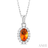 5x3 MM Oval Shape Citrine and 1/20 Ctw Single Cut Diamond Halo Semi-Precious Pendant with Chain in 14K White Gold
