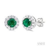 3.25 MM Round Emerald and 1/10 Ctw Single Cut Diamond Halo Precious Stud Earrings in 10K White Gold