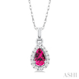5x3 MM Pear Shape Pink Tourmaline and 1/20 Ctw Single Cut Diamond Halo Semi-Precious Pendant with Chain in 10K White Gold