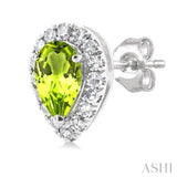 5x3 MM Pear Shape Peridot and 1/8 Ctw Single Cut Diamond Halo Semi-Precious Stud Earrings in 14K White Gold