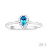 5x3 MM Pear Shape Blue Topaz and 1/20 Ctw Single Cut Diamond Halo Semi-Precious Ring in 14K White Gold