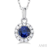 3.25 MM Round Sapphire and 1/20 Ctw Single Cut Diamond Halo Precious Pendant with Chain in 14K White Gold