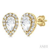 5x3 MM Pear Shape White Topaz and 1/8 Ctw Single Cut Diamond Halo Semi-Precious Stud Earrings in 10K Yellow Gold
