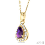 5x3 MM Pear Shape Amethyst and 1/20 Ctw Single Cut Diamond Halo Semi-Precious Pendant with Chain in 14K Yellow Gold