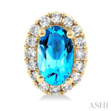 5x3 MM Oval Shape Blue Topaz and 1/8 Ctw Single Cut Diamond Halo Semi-Precious Stud Earrings in 10K Yellow Gold