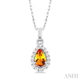 5x3 MM Pear Shape Citrine and 1/20 Ctw Single Cut Diamond Halo Semi-Precious Pendant with Chain in 14K White Gold