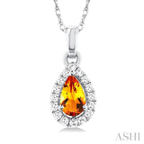 5x3 MM Pear Shape Citrine and 1/20 Ctw Single Cut Diamond Halo Semi-Precious Pendant with Chain in 14K White Gold
