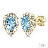 5x3 MM Pear Shape Aquamarine and 1/8 Ctw Single Cut Diamond Halo Semi-Precious Stud Earrings in 10K Yellow Gold