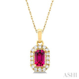 5x3 MM Octagonal Shape Pink Tourmaline and 1/20 Ctw Single Cut Diamond Halo Semi-Precious Pendant with Chain in 10K Yellow Gold