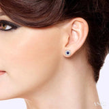 3.3 MM Round Cut Sapphire and 1/2 Ctw Lovebright Diamond Precious Earrings in 14K White Gold