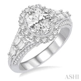 7/8 ctw Oval Shape Baguette and Round Cut Diamond Semi-Mount Engagement Ring in 14K White Gold