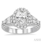 7/8 ctw Oval Shape Baguette and Round Cut Diamond Semi-Mount Engagement Ring in 14K White Gold